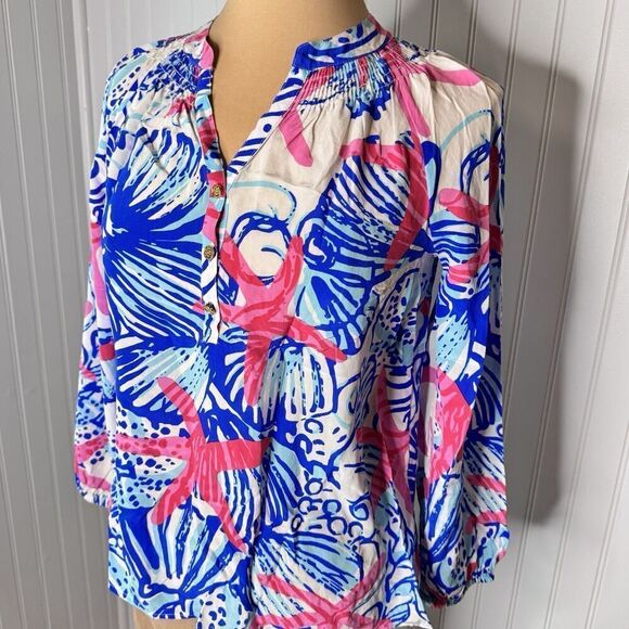 Lilly Pulitzer Sz XS 100% Silk Elsa Top Resort She Shells Top Starfish Blouse - Picture 5 of 14
